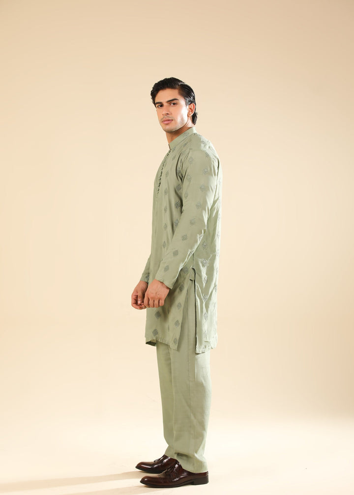 Muraqsh Ready To Wear Embroidered Silk Men Bahaar Mint Kurta Trouser MUR-B-GRS - Winter Collection