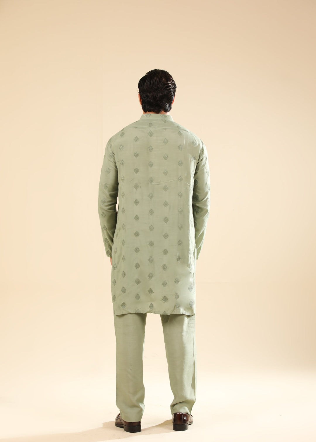 Muraqsh Ready To Wear Embroidered Silk Men Bahaar Mint Kurta Trouser MUR-B-GRS - Winter Collection