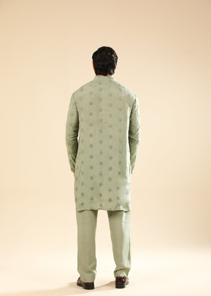 Muraqsh Ready To Wear Embroidered Silk Men Bahaar Mint Kurta Trouser MUR-B-GRS - Winter Collection