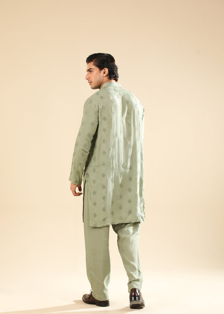 Muraqsh Ready To Wear Embroidered Silk Men Bahaar Mint Kurta Trouser MUR-B-GRS - Winter Collection