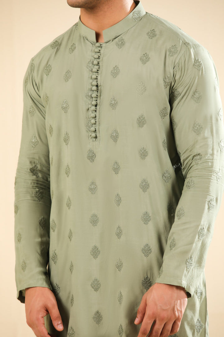 Muraqsh Ready To Wear Embroidered Silk Men Bahaar Mint Kurta Trouser MUR-B-GRS - Winter Collection