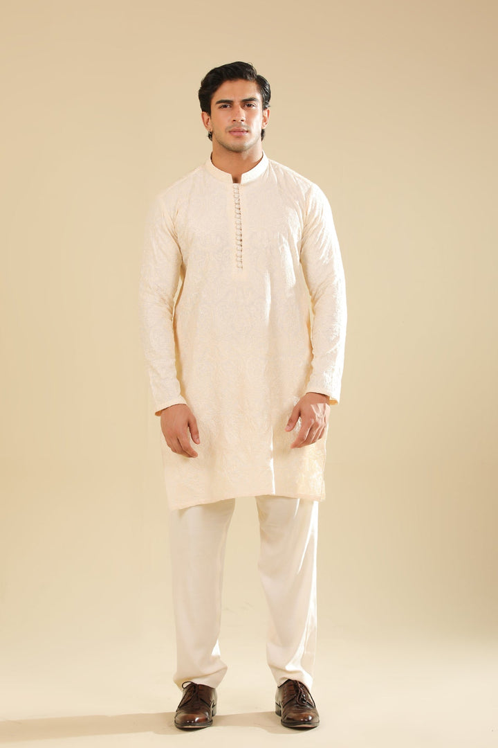 Muraqsh Ready To Wear Embroidered Bosky Men Andaz Bosky White Kurta Trouser MUR-A-BWR - Winter Collection