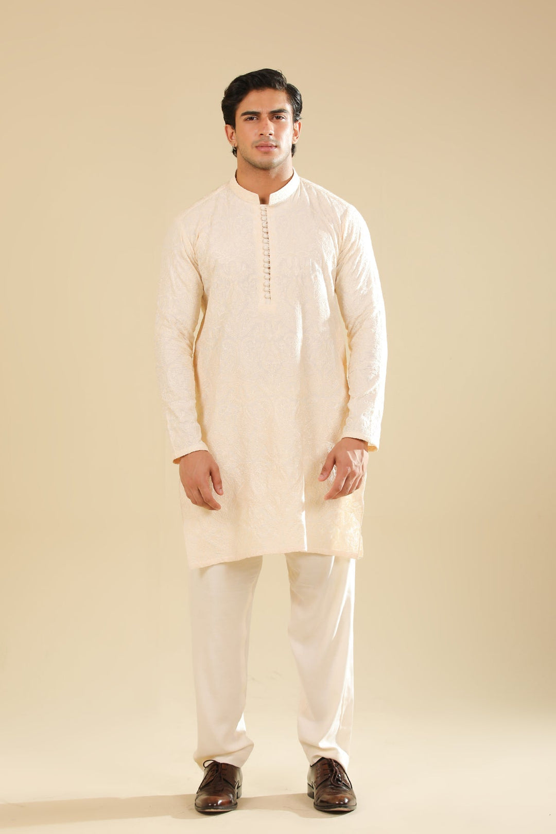 Muraqsh Ready To Wear Embroidered Bosky Men Andaz Bosky White Kurta Trouser MUR-A-BWR - Winter Collection