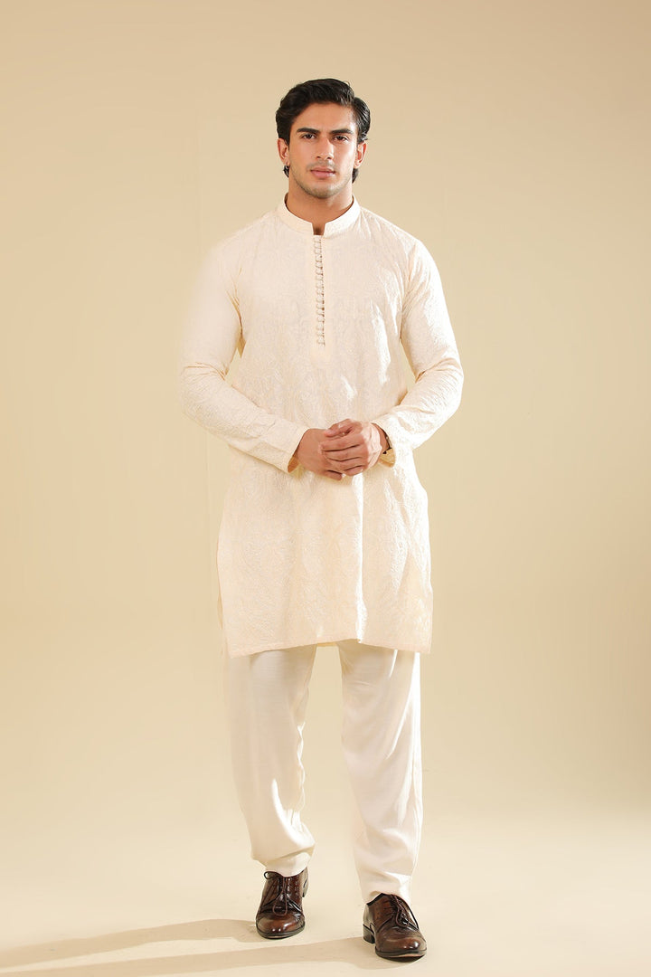 Muraqsh Ready To Wear Embroidered Bosky Men Andaz Bosky White Kurta Trouser MUR-A-BWR - Winter Collection
