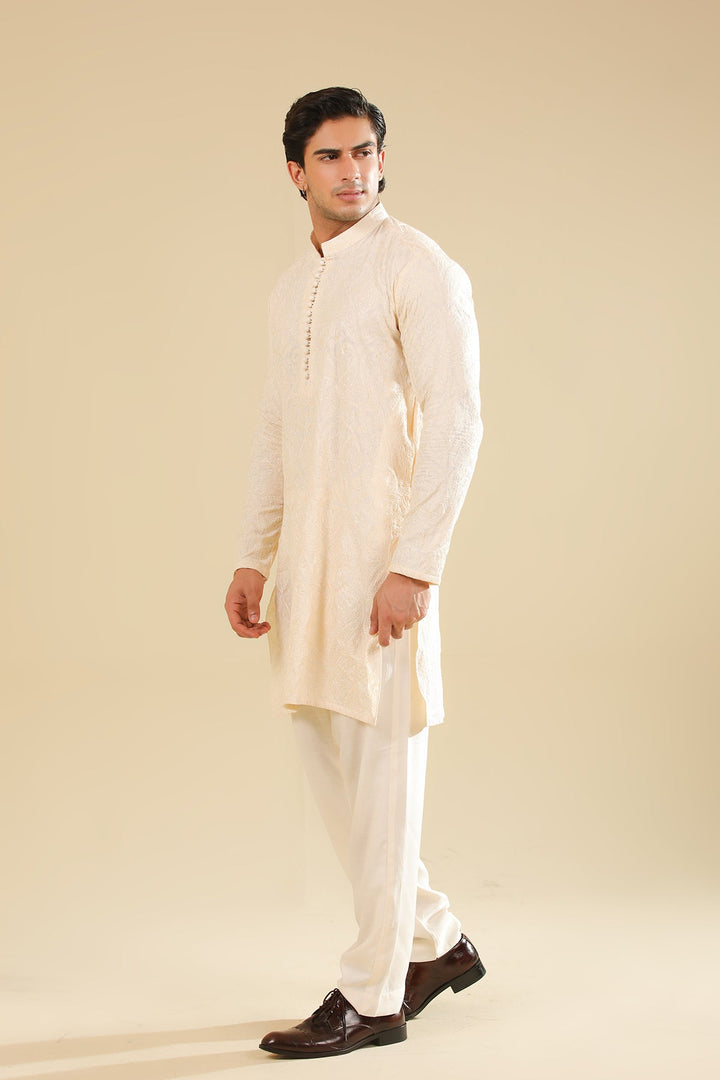Muraqsh Ready To Wear Embroidered Bosky Men Andaz Bosky White Kurta Trouser MUR-A-BWR - Winter Collection