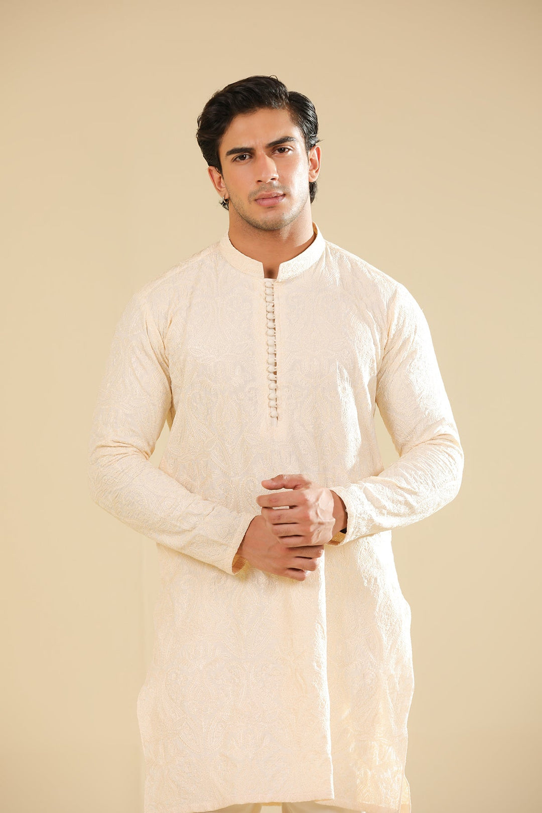 Muraqsh Ready To Wear Embroidered Bosky Men Andaz Bosky White Kurta Trouser MUR-A-BWR - Winter Collection