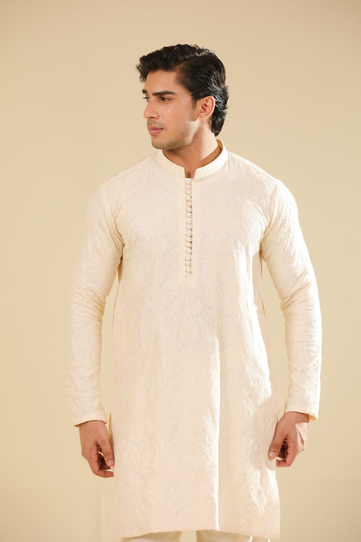 Muraqsh Ready To Wear Embroidered Bosky Men Andaz Bosky White Kurta Trouser MUR-A-BWR - Winter Collection