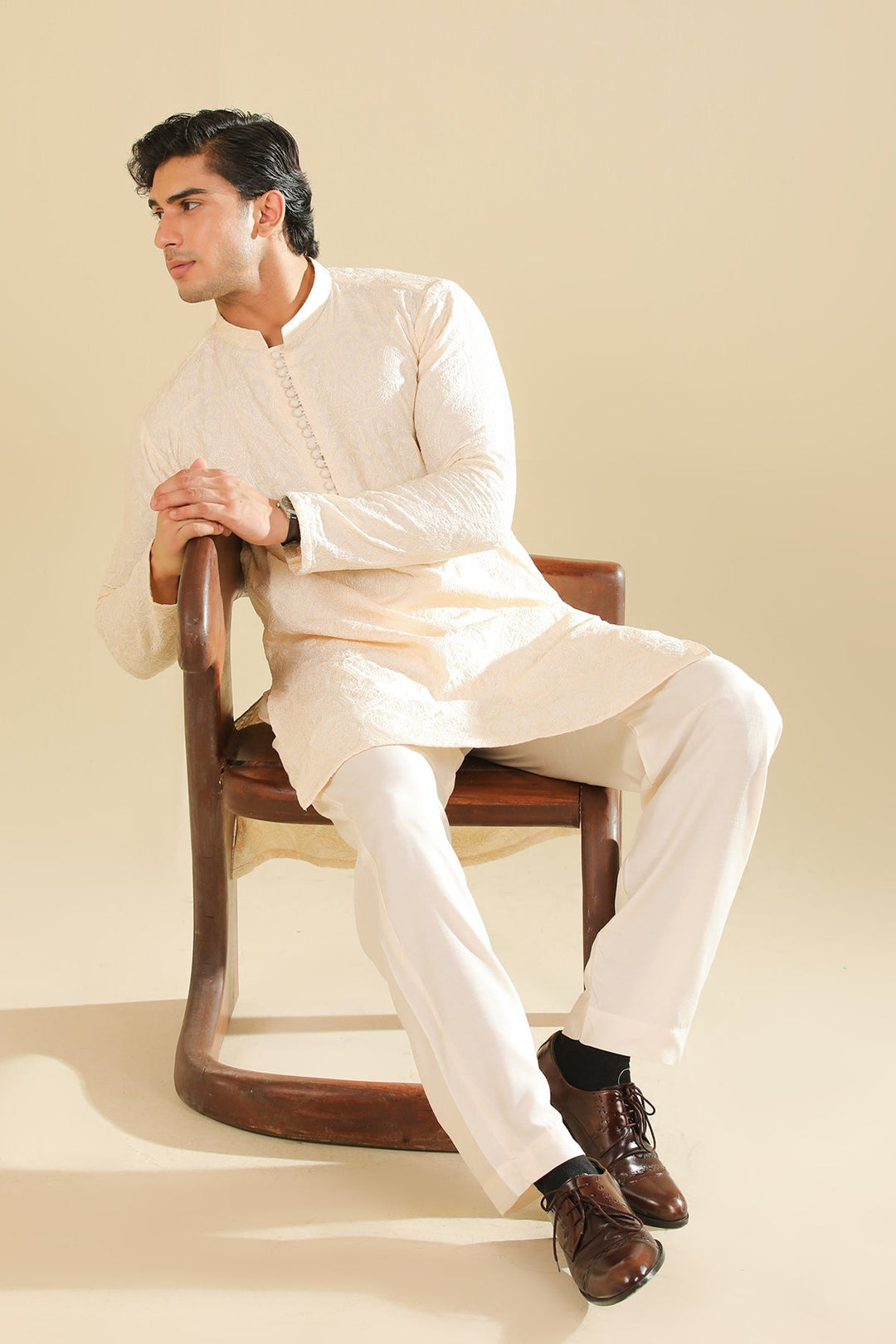 Muraqsh Ready To Wear Embroidered Bosky Men Andaz Bosky White Kurta Trouser MUR-A-BWR - Winter Collection