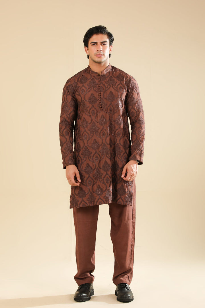 Muraqsh Ready To Wear Embroidered Silk Men Faris Cocoa Brown Kurta Trouser MUR-F-CBR - Winter Collection