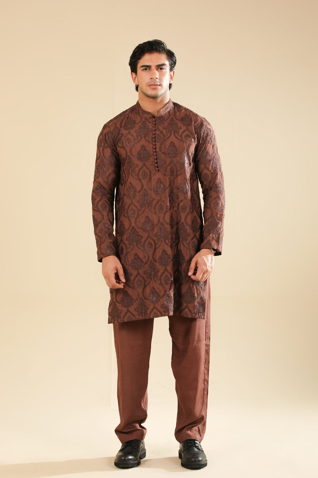 Muraqsh Ready To Wear Embroidered Silk Men Faris Cocoa Brown Kurta Trouser MUR-F-CBR - Winter Collection