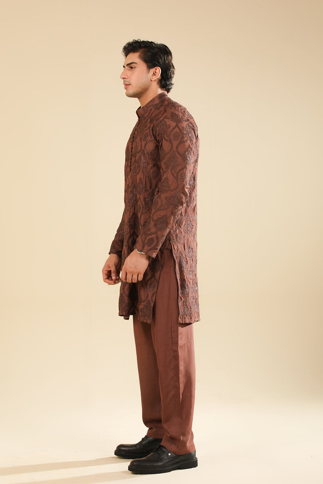 Muraqsh Ready To Wear Embroidered Silk Men Faris Cocoa Brown Kurta Trouser MUR-F-CBR - Winter Collection