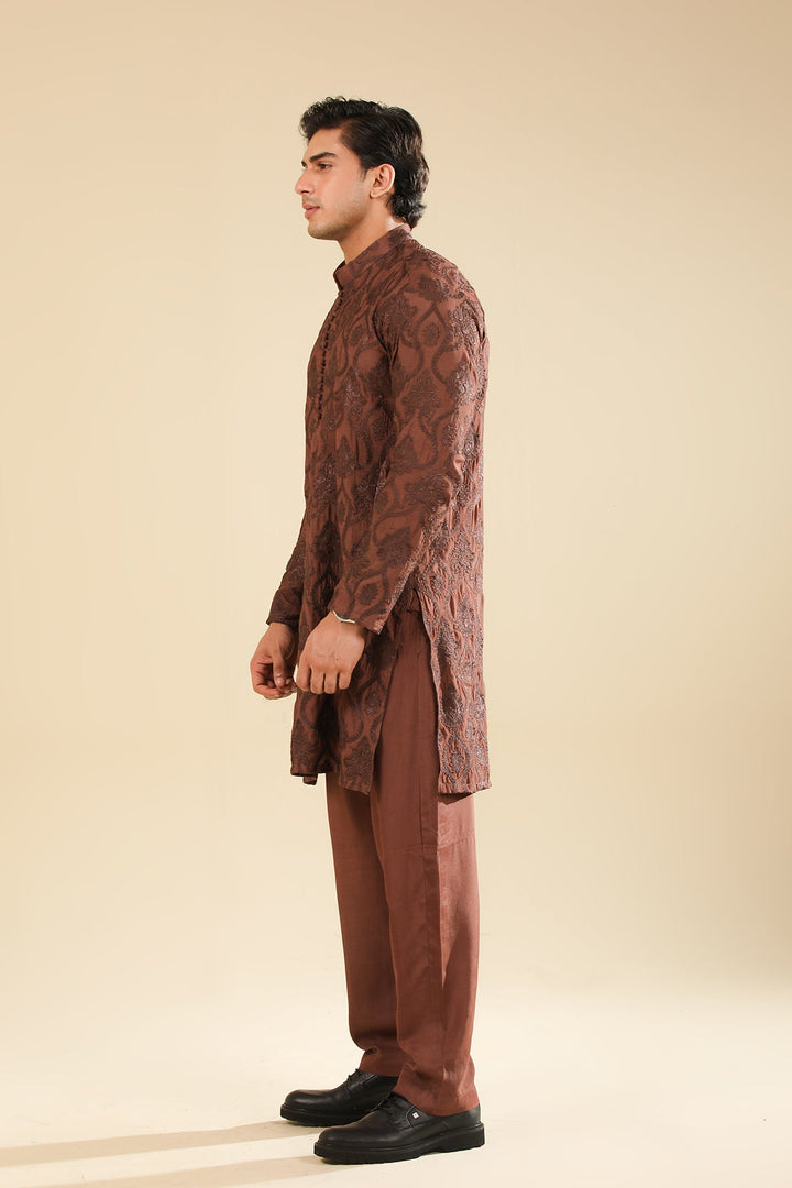 Muraqsh Ready To Wear Embroidered Silk Men Faris Cocoa Brown Kurta Trouser MUR-F-CBR - Winter Collection