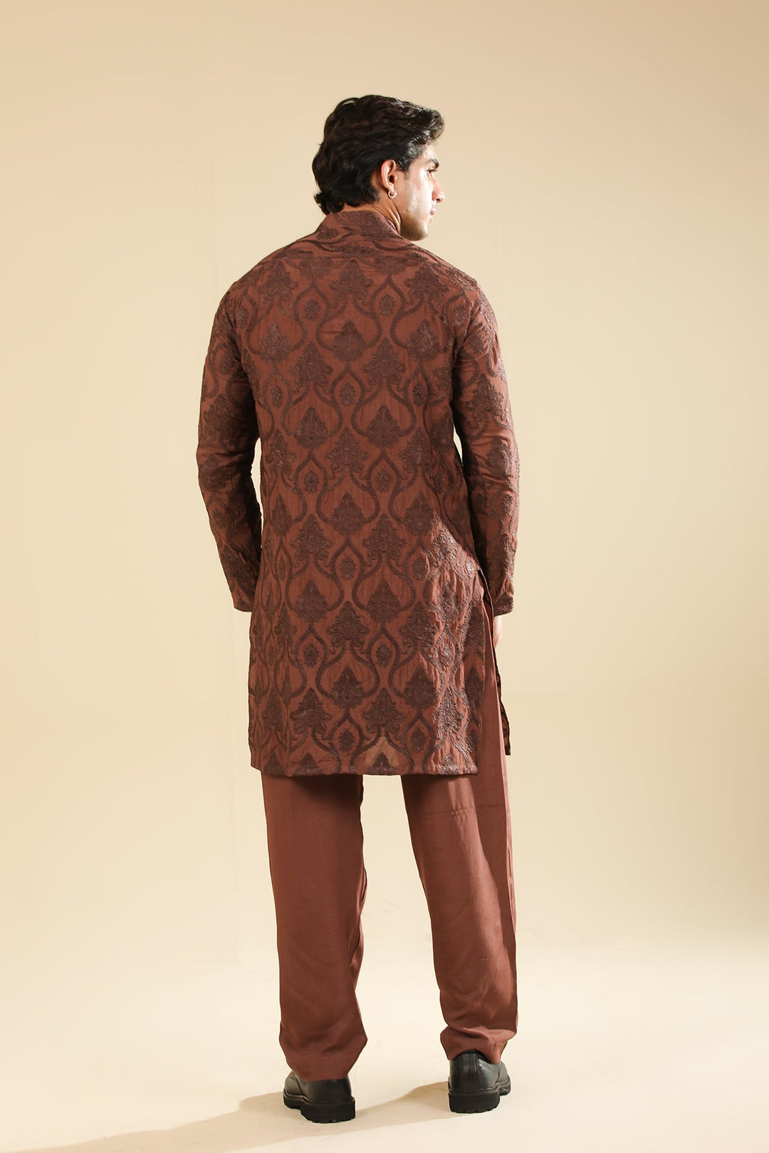 Muraqsh Ready To Wear Embroidered Silk Men Faris Cocoa Brown Kurta Trouser MUR-F-CBR - Winter Collection