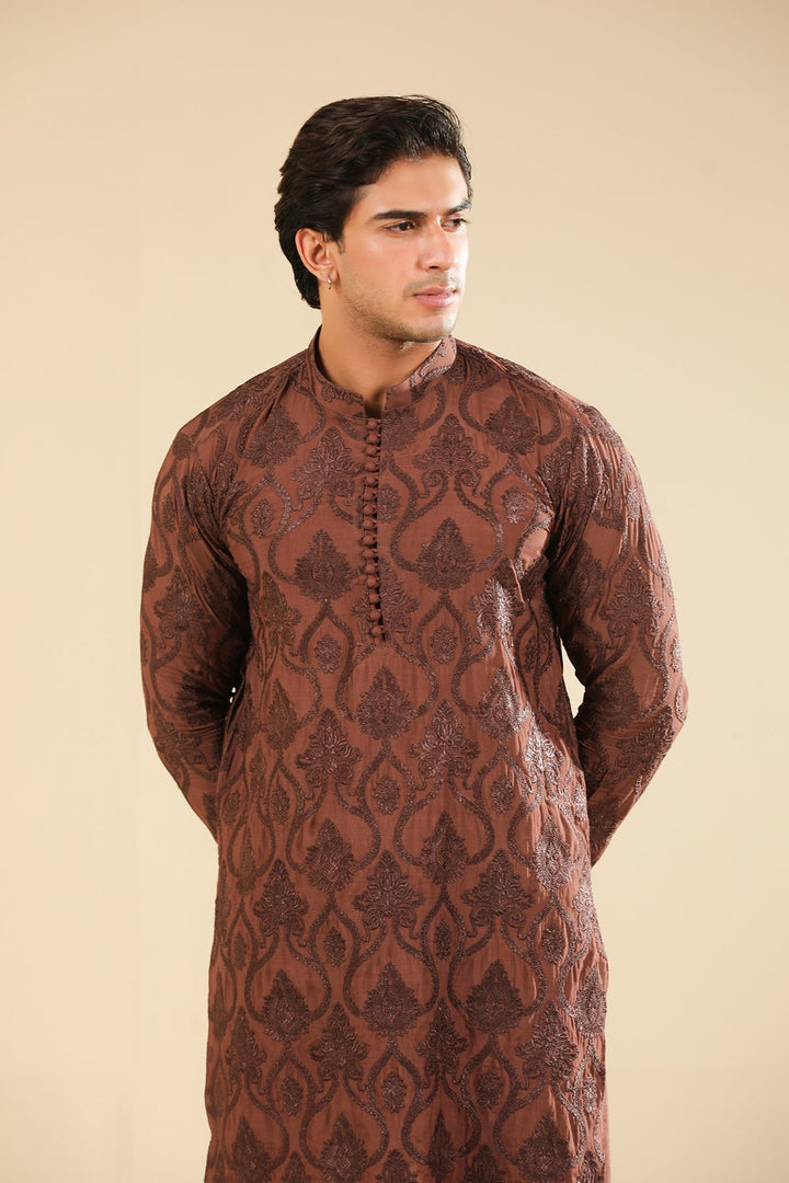 Muraqsh Ready To Wear Embroidered Silk Men Faris Cocoa Brown Kurta Trouser MUR-F-CBR - Winter Collection
