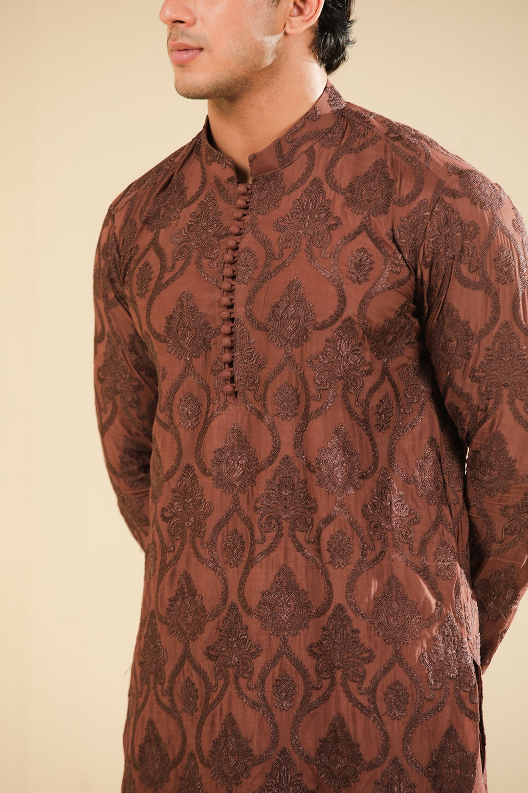 Muraqsh Ready To Wear Embroidered Silk Men Faris Cocoa Brown Kurta Trouser MUR-F-CBR - Winter Collection