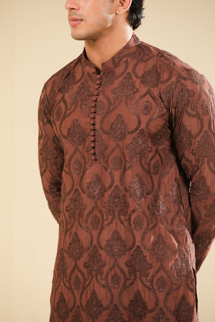 Muraqsh Ready To Wear Embroidered Silk Men Faris Cocoa Brown Kurta Trouser MUR-F-CBR - Winter Collection
