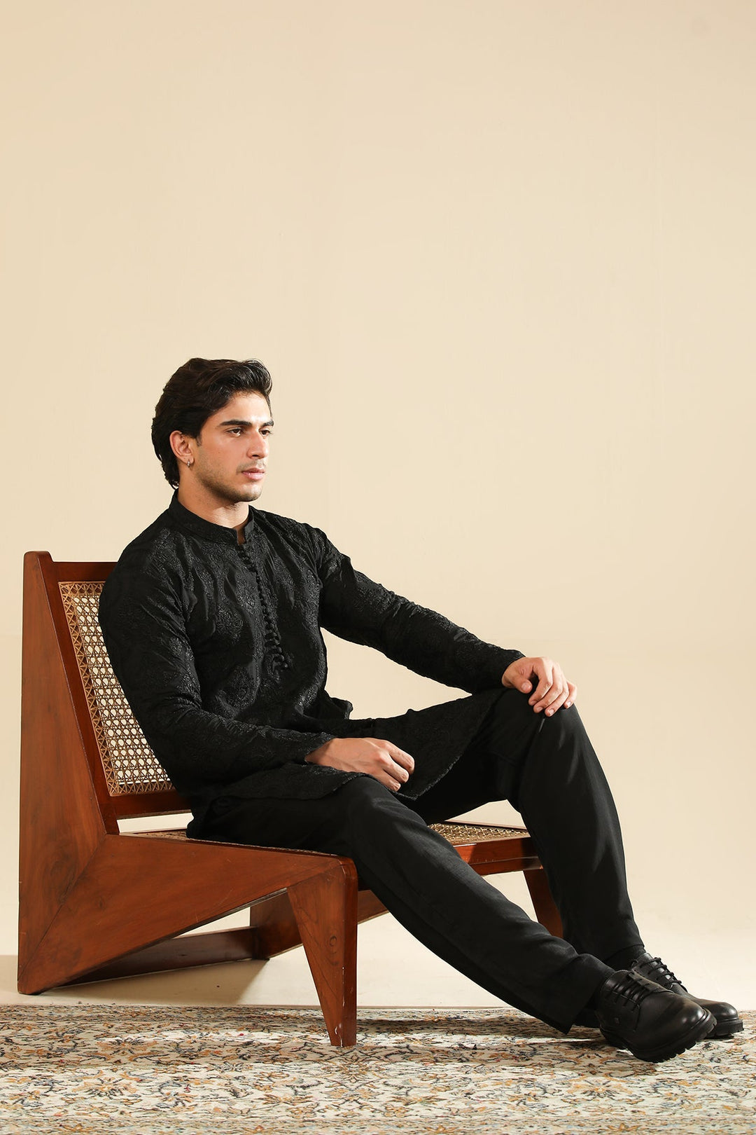 Muraqsh Ready To Wear Embroidered Silk Men Zauq Black Kurta Trouser MUR-Z-BRS - Winter Collection
