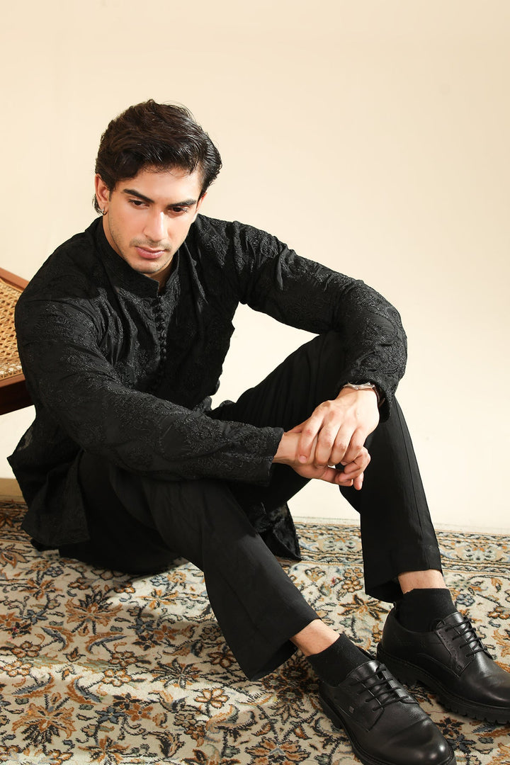 Muraqsh Ready To Wear Embroidered Silk Men Zauq Black Kurta Trouser MUR-Z-BRS - Winter Collection