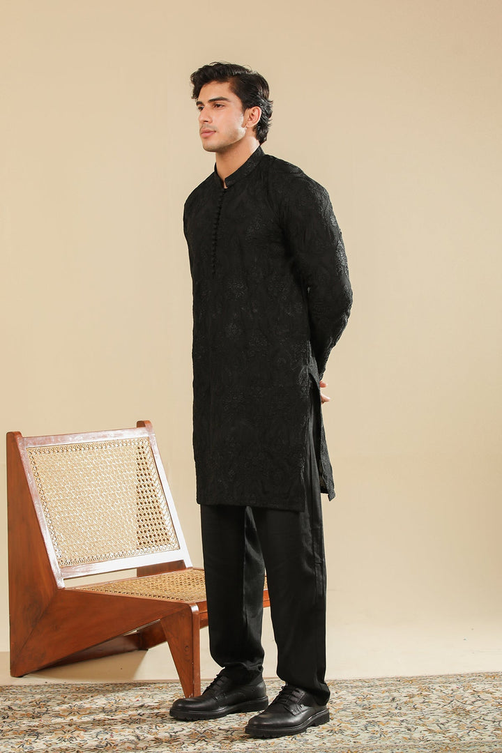 Muraqsh Ready To Wear Embroidered Silk Men Zauq Black Kurta Trouser MUR-Z-BRS - Winter Collection