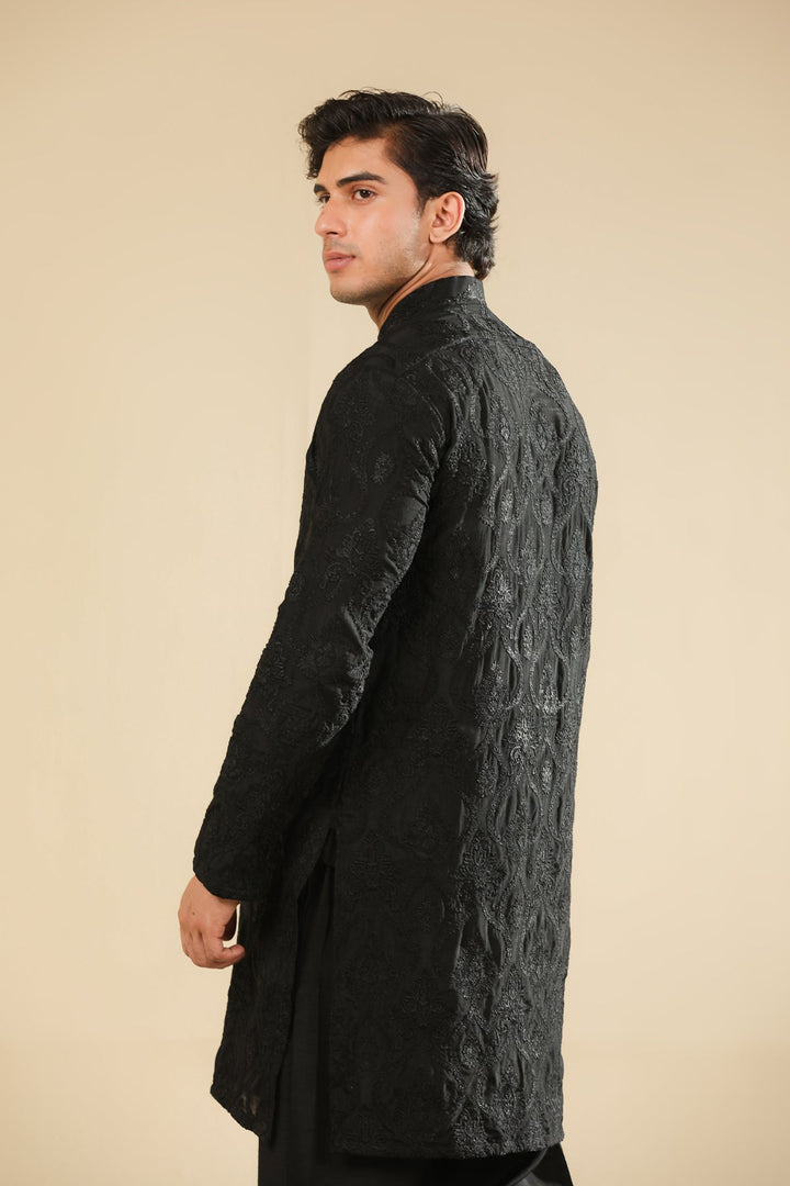 Muraqsh Ready To Wear Embroidered Silk Men Zauq Black Kurta Trouser MUR-Z-BRS - Winter Collection
