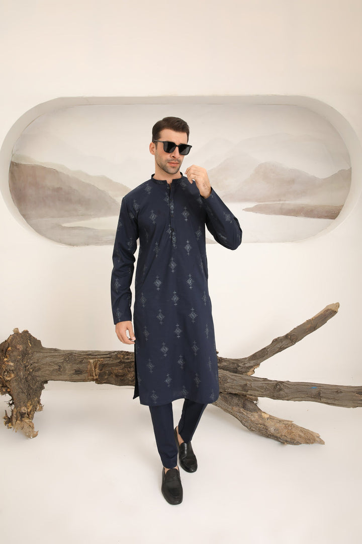 Muraqsh Ready To Wear   Men Navy Blue Cotton Embroidered Kurta Trouser MUR-NBECK - Summer Collection