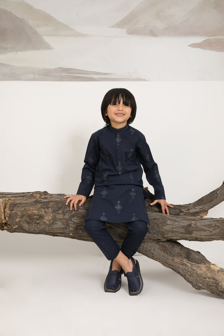 Muraqsh Ready To Wear   Boys Navy Blue Cotton Embroidered Kurta Trouser MUR-NBECK - Summer Collection