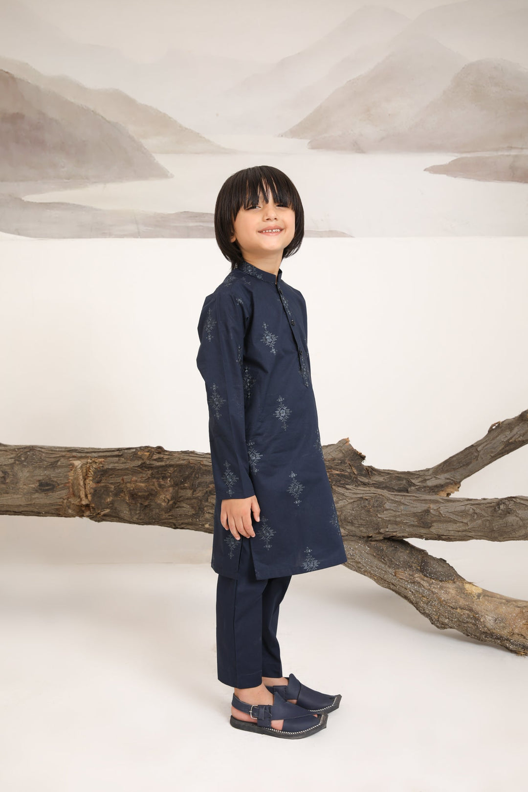 Muraqsh Ready To Wear   Boys Navy Blue Cotton Embroidered Kurta Trouser MUR-NBECK - Summer Collection