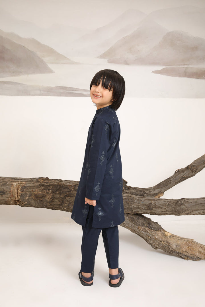 Muraqsh Ready To Wear   Boys Navy Blue Cotton Embroidered Kurta Trouser MUR-NBECK - Summer Collection