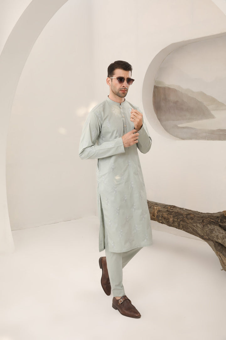 Muraqsh Ready To Wear   Men Light Mint Cotton Embroidered Kurta Trouser MURMECK - Summer Collection