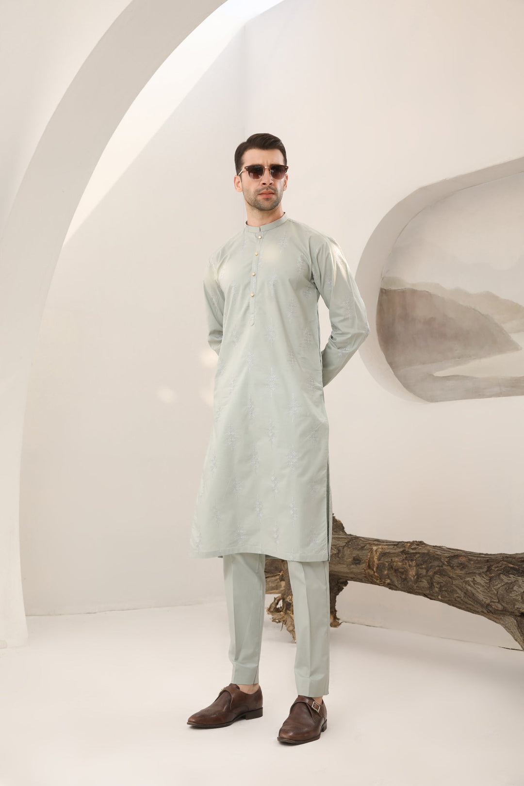 Muraqsh Ready To Wear   Men Light Mint Cotton Embroidered Kurta Trouser MURMECK - Summer Collection