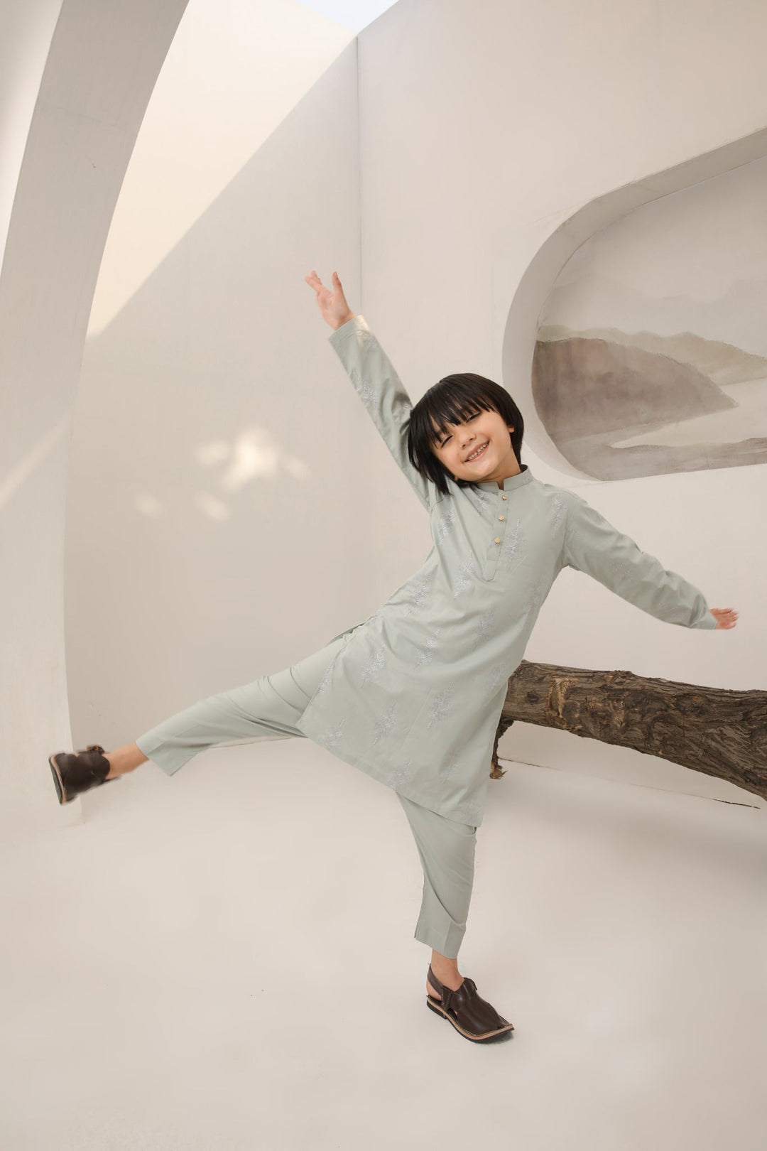 Muraqsh Ready To Wear   Boys Light Mint Cotton Embroidered Kurta Trouser MURMECK - Summer Collection