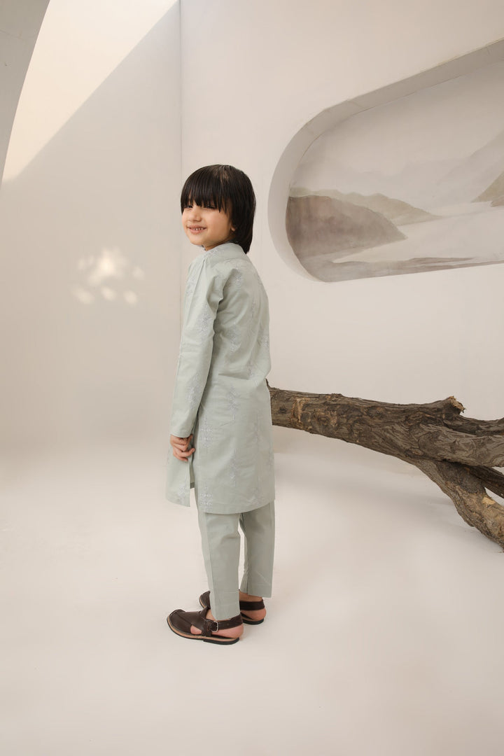 Muraqsh Ready To Wear   Boys Light Mint Cotton Embroidered Kurta Trouser MURMECK - Summer Collection