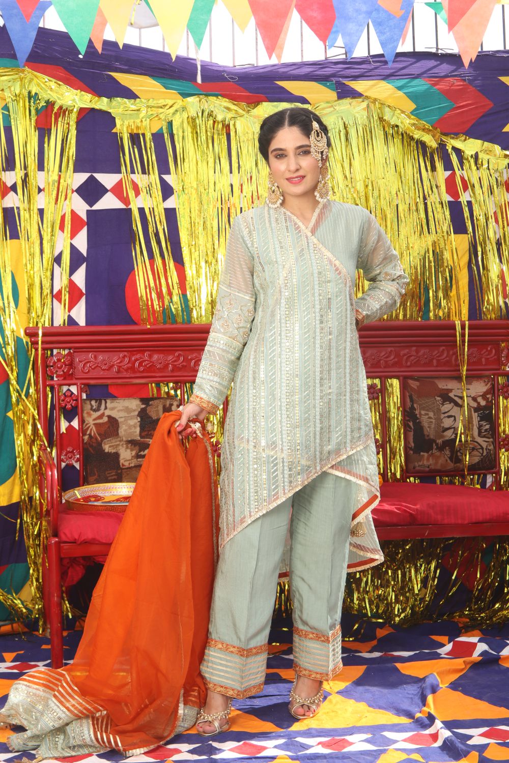 Senorita Women RTW Women Solids Light Green and Golden Formal 3 Piece Suit Pure Banarsi Organza Self Strip LDD-01889 - Winter Collection