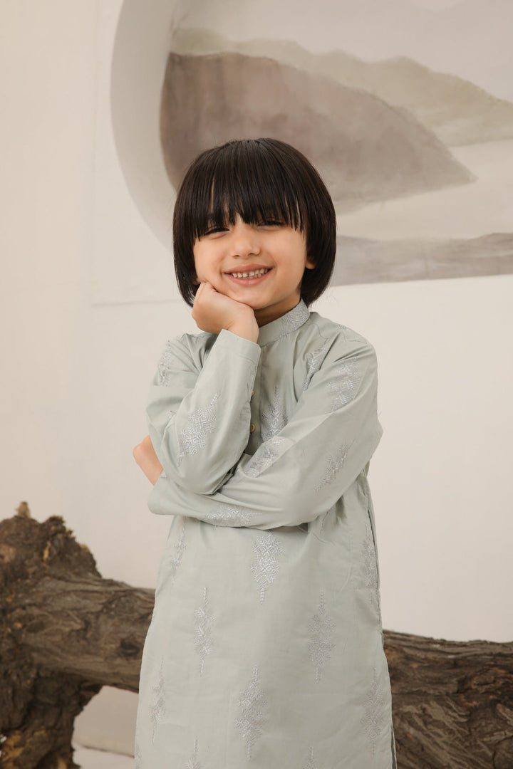 Muraqsh Ready To Wear   Boys Light Mint Cotton Embroidered Kurta Trouser MURMECK - Summer Collection