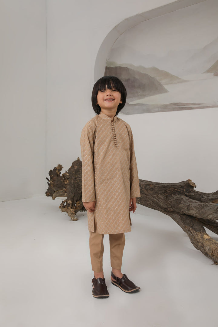 Muraqsh Ready To Wear   Boys Camel Cotton Embroidered Kurta Trouser MUR-CECKT - Summer Collection