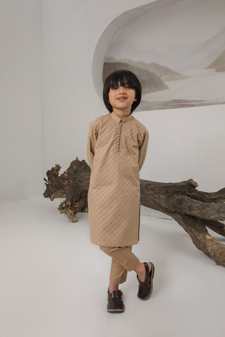 Muraqsh Ready To Wear   Boys Camel Cotton Embroidered Kurta Trouser MUR-CECKT - Summer Collection