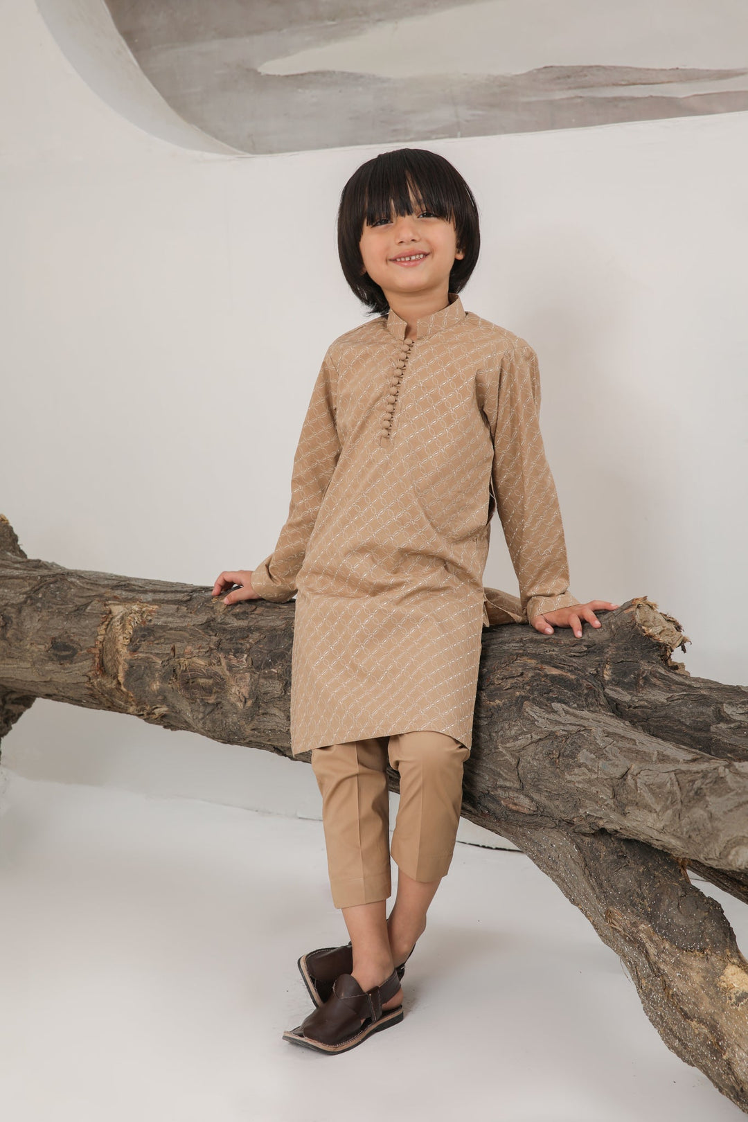 Muraqsh Ready To Wear   Boys Camel Cotton Embroidered Kurta Trouser MUR-CECKT - Summer Collection