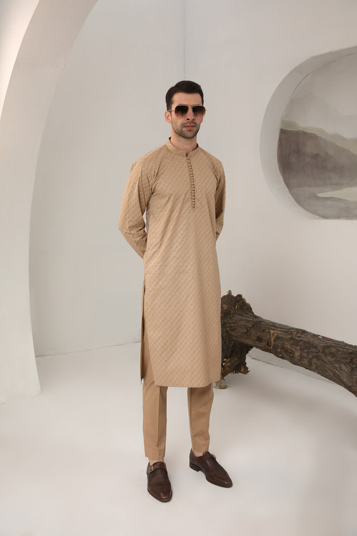 Muraqsh Ready To Wear   Men Camel Cotton Embroidered Kurta Trouser MUR-CECKT - Summer Collection