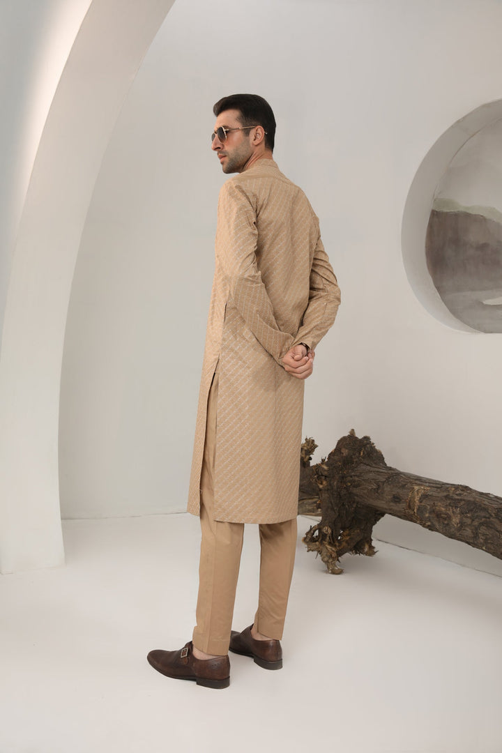 Muraqsh Ready To Wear   Men Camel Cotton Embroidered Kurta Trouser MUR-CECKT - Summer Collection