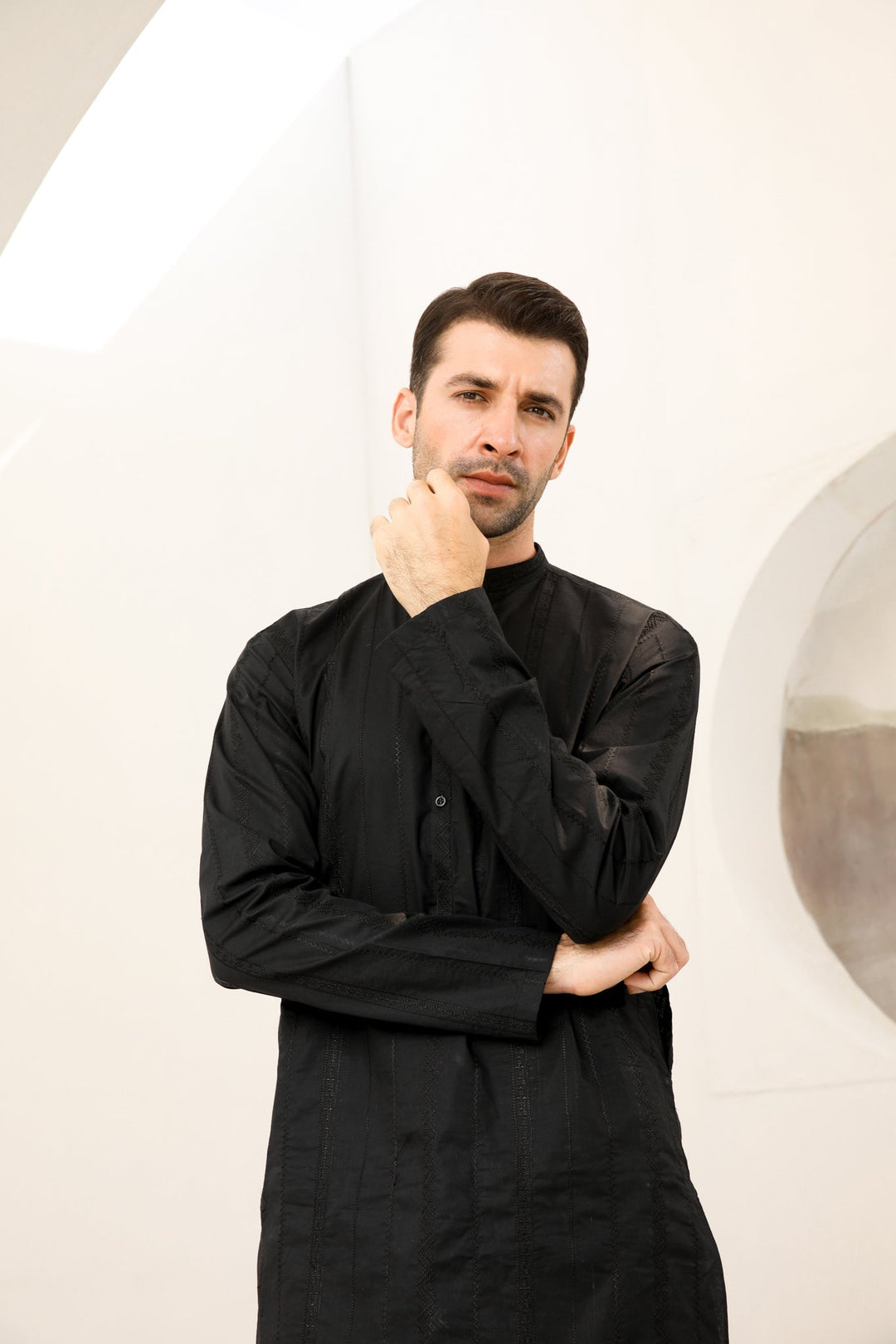 Muraqsh Ready To Wear   Men Black Falling Cotton Embroidered Kurta Trouser MUR-BFECK - Summer Collection