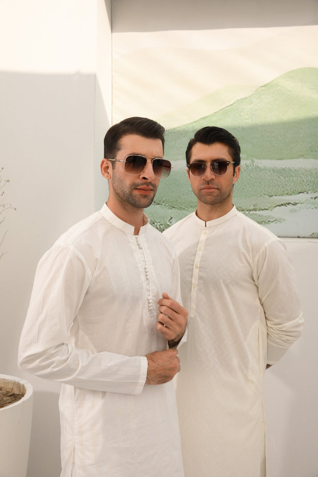 Muraqsh Ready To Wear Embroidered  Men Off White Cotton Embroidered Kurta Trouser Loop Buttons MUR-OWECK - Summer Collection