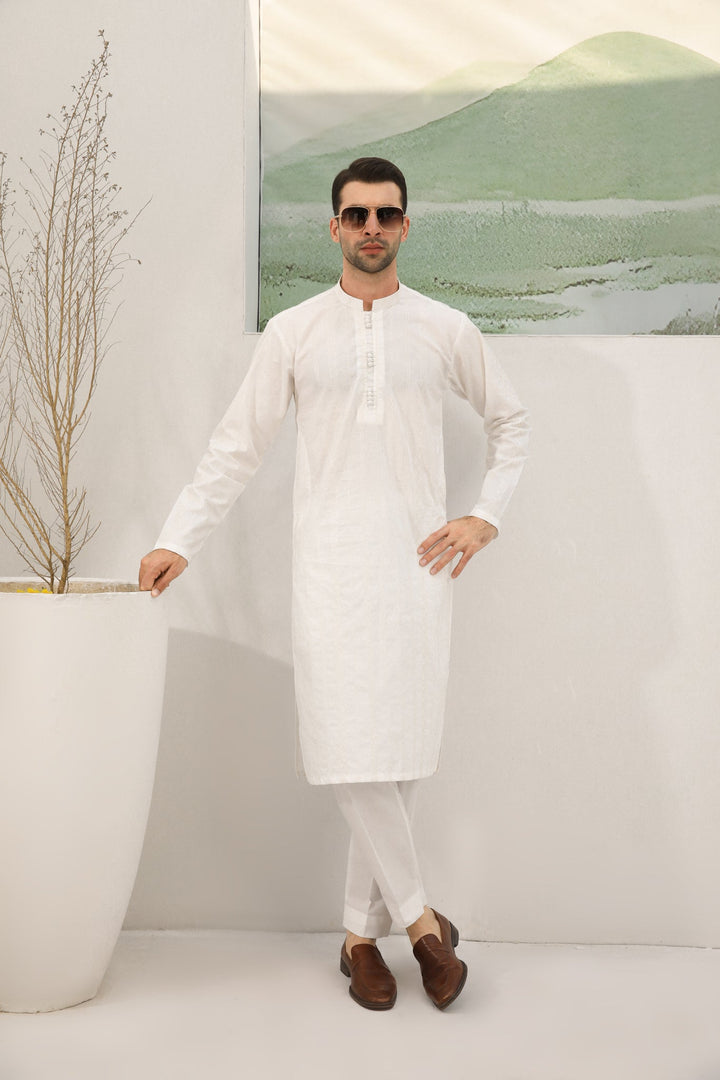 Muraqsh Ready To Wear Embroidered  Men Off White Cotton Embroidered Kurta Trouser Loop Buttons MUR-OWECK - Summer Collection