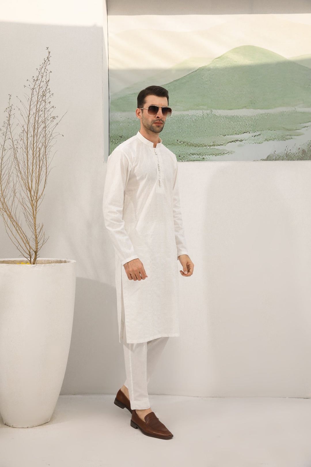 Muraqsh Ready To Wear Embroidered  Men Off White Cotton Embroidered Kurta Trouser Loop Buttons MUR-OWECK - Summer Collection