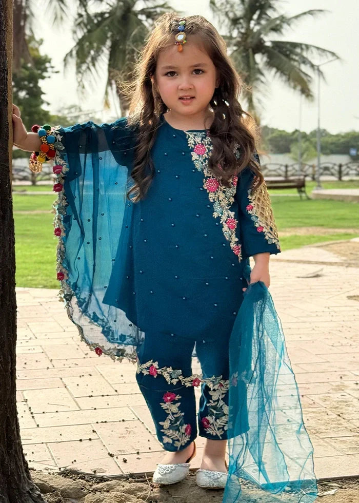 Modest Girls RTW Embroidered Chiffon 3 Piece Suit Blue Wedding Collection