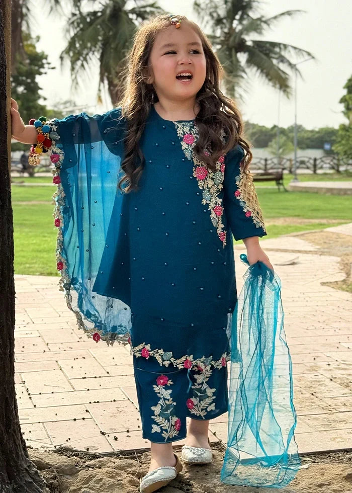 Modest Girls RTW Embroidered Chiffon 3 Piece Suit Blue Wedding Collection