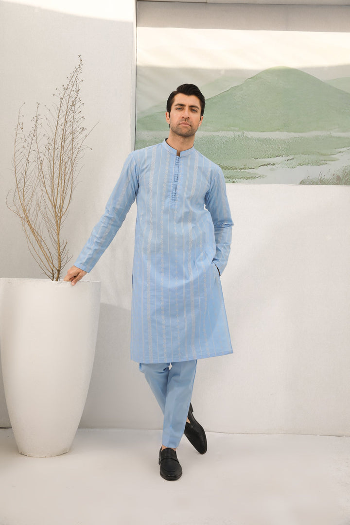 Muraqsh Ready To Wear   Men Sky Blue Cotton Embroidered Kurta Trouser MURBECK - Summer Collection
