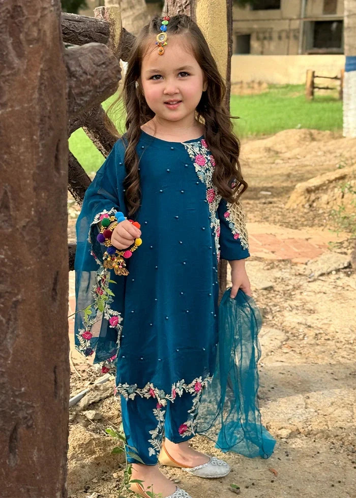 Modest Girls RTW Embroidered Chiffon 3 Piece Suit Blue Wedding Collection