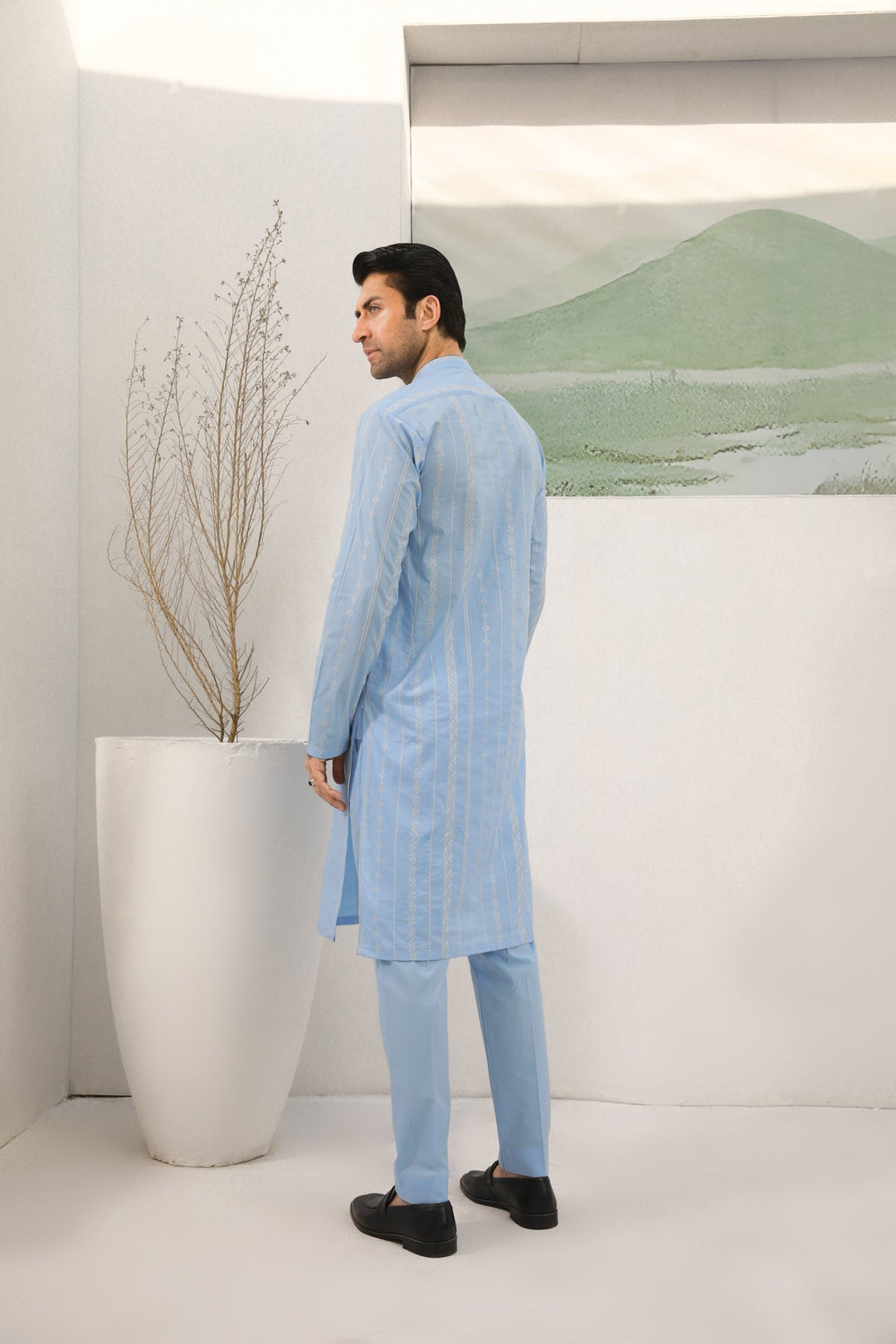 Muraqsh Ready To Wear   Men Sky Blue Cotton Embroidered Kurta Trouser MURBECK - Summer Collection