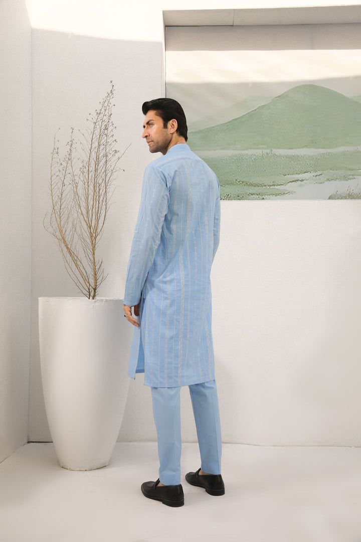 Muraqsh Ready To Wear   Men Sky Blue Cotton Embroidered Kurta Trouser MURBECK - Summer Collection