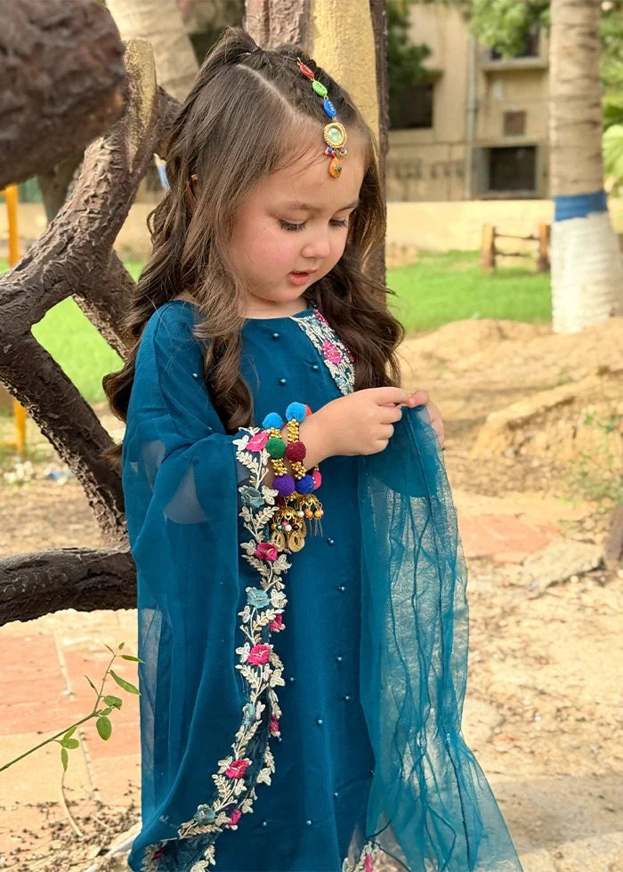 Modest Girls RTW Embroidered Chiffon 3 Piece Suit Blue Wedding Collection